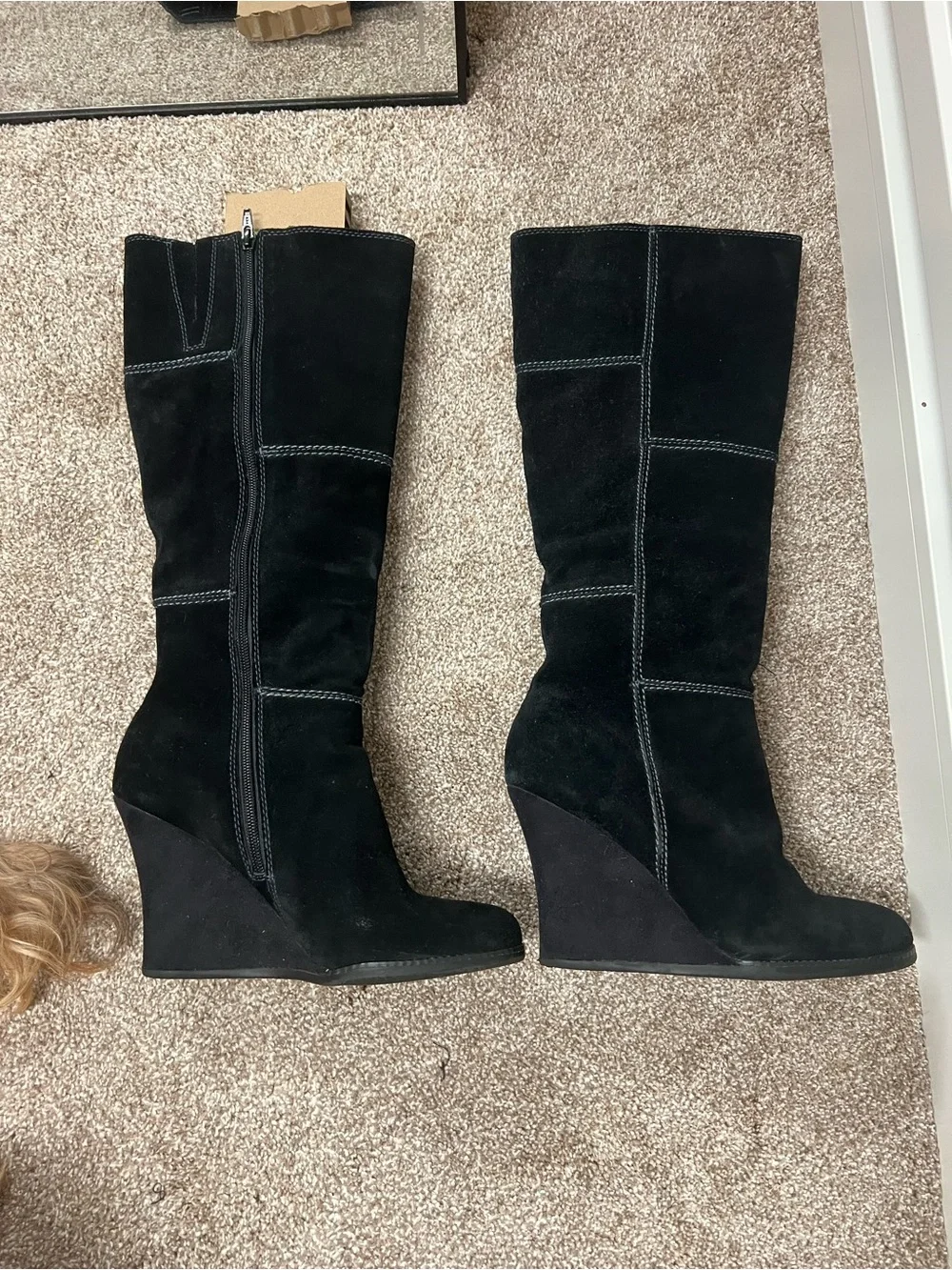 Genuine Stylish black suede knee boots with a comfortable wedge heel.